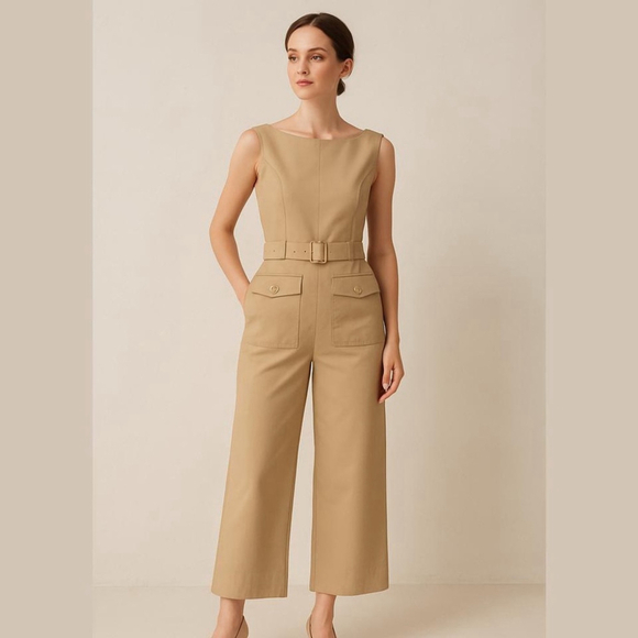 Belted Wide-Leg Jumpsuit Women's Tan Belted Romper cotton blend - Picture 2 of 10